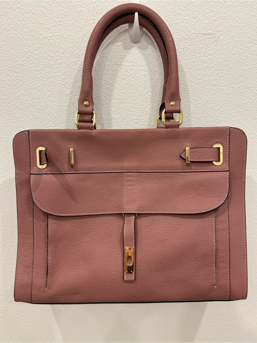 Structured Leather Satchel Handbag in Dusty Rose